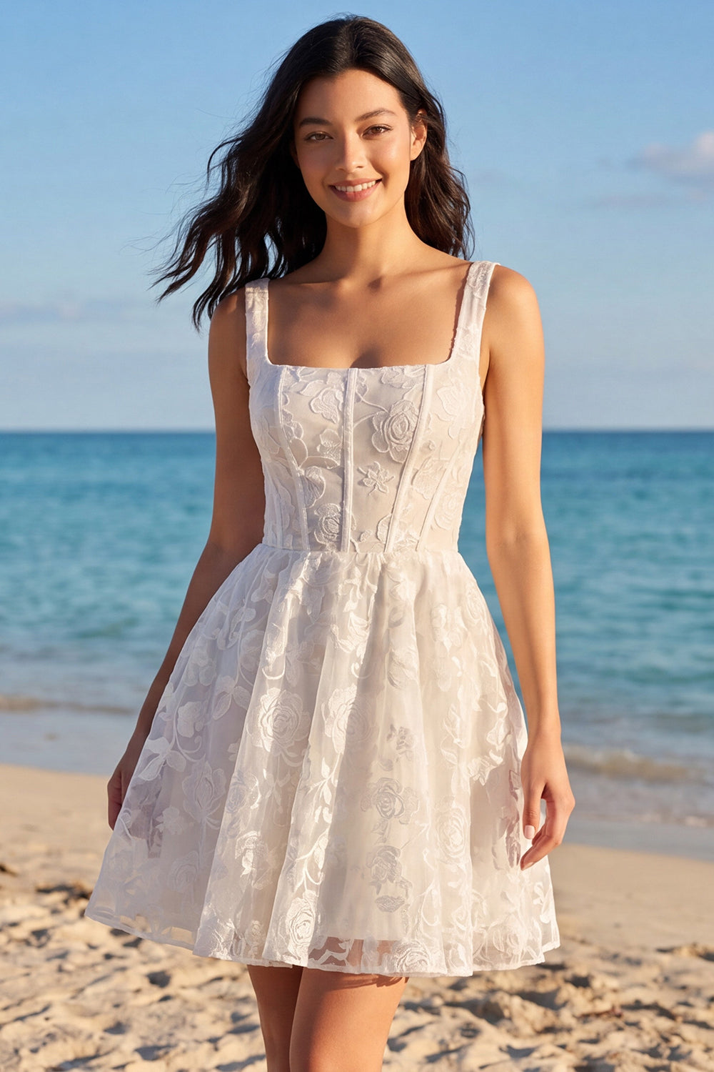 Zapaka Women Ivory Floral Graduation Dress A Line Square Neck Corset Mini Dress, Ivory / US16W Zapaka Women Ivory Floral Graduation Dress A Line Square Neck Corset Mini Dress, Ivory / US16W