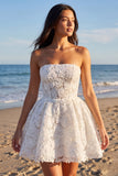 Strapless Floral Lace A Line Little White Dress