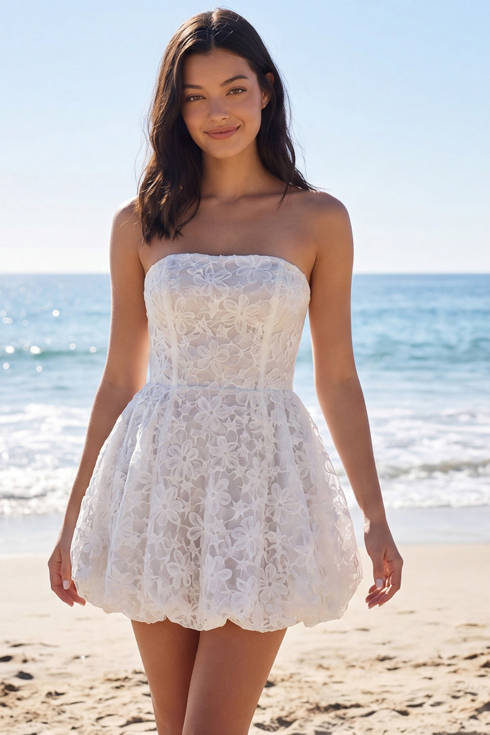 Zapaka Women Strapless Floral Little White Dress A Line Corset Mini Dress, Ivory / US10