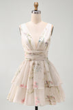 A Line Ivoy Printed Floral V Neck Tiered Mini Dress