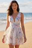 A Line Ivoy Printed Floral V Neck Tiered Mini Dress