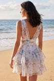 A Line Ivoy Printed Floral V Neck Tiered Mini Dress