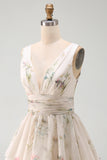 A Line Ivoy Printed Floral V Neck Tiered Mini Dress