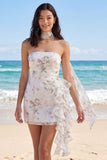 Strapless Floral Ruffled Bodycon Little White Dress