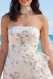Strapless Floral Ruffled Bodycon Little White Dress