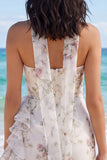 Strapless Floral Ruffled Bodycon Little White Dress