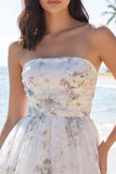 Strapless Floral A Line Little White Dress