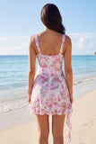 V Neck Floral Ruffled Bodycon Little White Dress