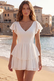 Tiered V Neck Ruffled A Line Little White Dress