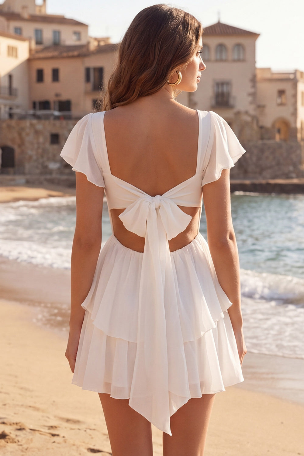 ZAPAKA Women Tiered Little White Dress A Line Short Sleeve Ruffled Graduation Dress with Bow, Ivory / US8