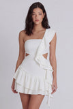 One Shoulder Cut Out A Line Ruffled Little White Dress