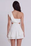 One Shoulder Cut Out A Line Ruffled Little White Dress