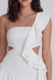 One Shoulder Cut Out A Line Ruffled Little White Dress