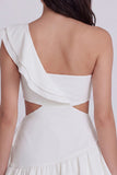 One Shoulder Cut Out A Line Ruffled Little White Dress