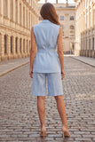 Light Blue 2 Piece Peak Lapel One Button Sleeveless Women Suits with Belt