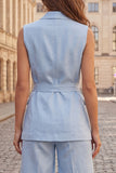Light Blue 2 Piece Peak Lapel One Button Sleeveless Women Suits with Belt