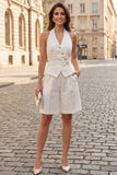 Ivory 2 Piece Halter Neck Sleeveless Women Suits with Belt