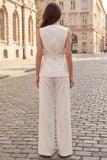 2 Piece Ivory V-Neck Single Breasted Sleeveless Slim Fit Women Suits with Belt