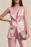 Pink 2 Piece V-Neck One Button Sleeveless Slim Fit Women Suits