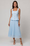 Sky Blue Pleated Square Neck A Line Midi Work Dress