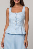 Sky Blue Pleated Square Neck A Line Midi Work Dress