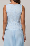 Sky Blue Pleated Square Neck A Line Midi Work Dress