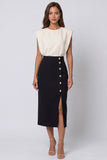 Ivory and Black Round Neck Midi Work Dress with Slit