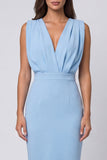Sky Blue Ruched Bodycon V Neck Mini Work Dress