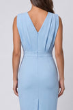 Sky Blue Ruched Bodycon V Neck Mini Work Dress