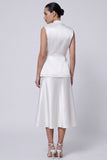 Ivory Peaked Lapel 2 Piece Satin A Line Midi Work Dress
