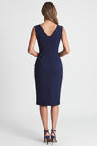 Navy Ruched Bodycon V Neck Midi Work Dress with Slit