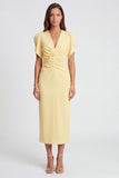 Light Yellow Sheath V Neck Ruched Midi Work Dress