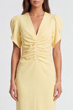 Light Yellow Sheath V Neck Ruched Midi Work Dress