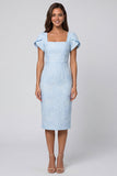Suqare Neck Sky Blue Brocade Sheath Midi Work Dress