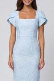Suqare Neck Sky Blue Brocade Sheath Midi Work Dress