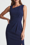 Navy Asymmetric Neck Sheath Midi Work Dress with Slit