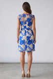 Blue Floral Square Neck Sheath Short Work Dress