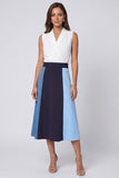 Ivory and Blue V-Neck A Line Midi Work Dress