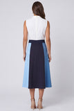 Ivory and Blue V-Neck A Line Midi Work Dress