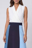 Ivory and Blue V-Neck A Line Midi Work Dress