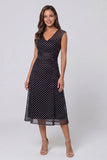 Black White Dot Mesh V-Neck A Line Midi Work Dress