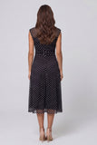 Black White Dot Mesh V-Neck A Line Midi Work Dress