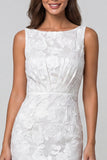 Ivory Boat Neck Floral Ruched Sheath Midi Work Dress