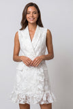 Ivory Shawl Lapel Double Breasted Floral Ruffled Short Work Dress