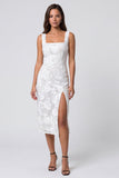 Ivory Floral Square Neck Sheath Midi Work Dress with Slit
