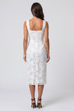 Ivory Floral Square Neck Sheath Midi Work Dress with Slit