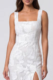 Ivory Floral Square Neck Sheath Midi Work Dress with Slit