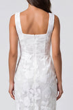 Ivory Floral Square Neck Sheath Midi Work Dress with Slit