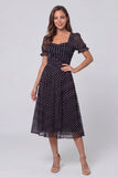 Black White Polka Dot Square Neck Puff Sleeve Midi Work Dress