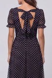 Black White Polka Dot Square Neck Puff Sleeve Midi Work Dress